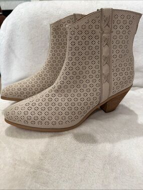Perforated Cream Ankle Booties with Low Stacked Heel